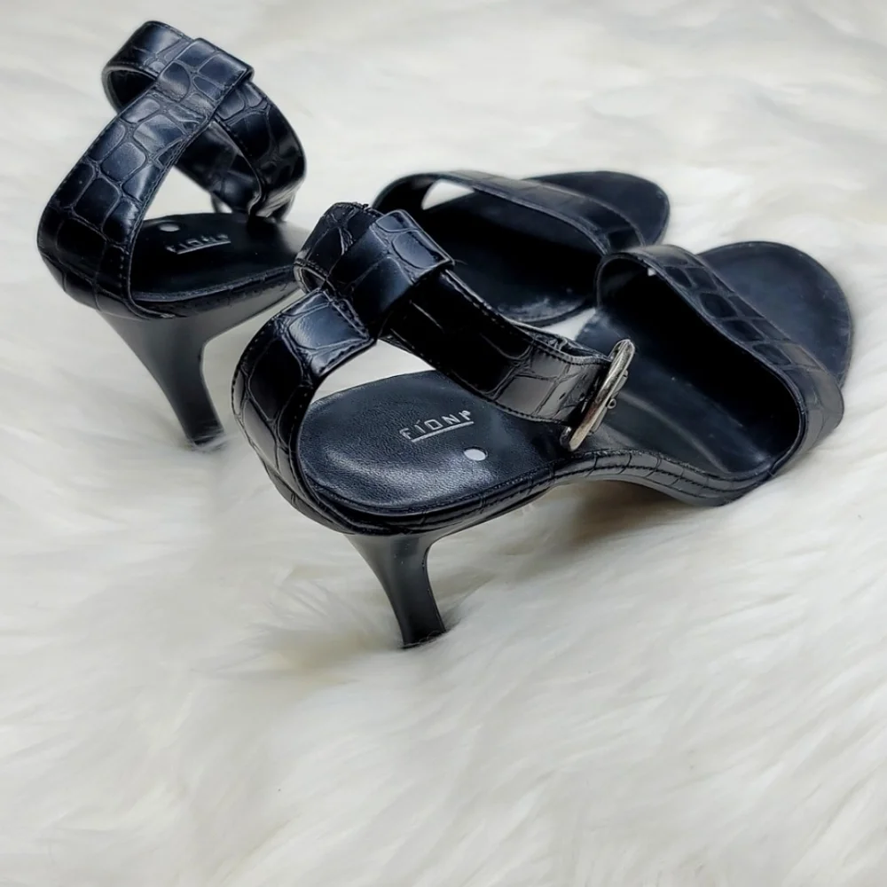 Fioni Strappy Black Leather Crocodile Alligator Print High Heels